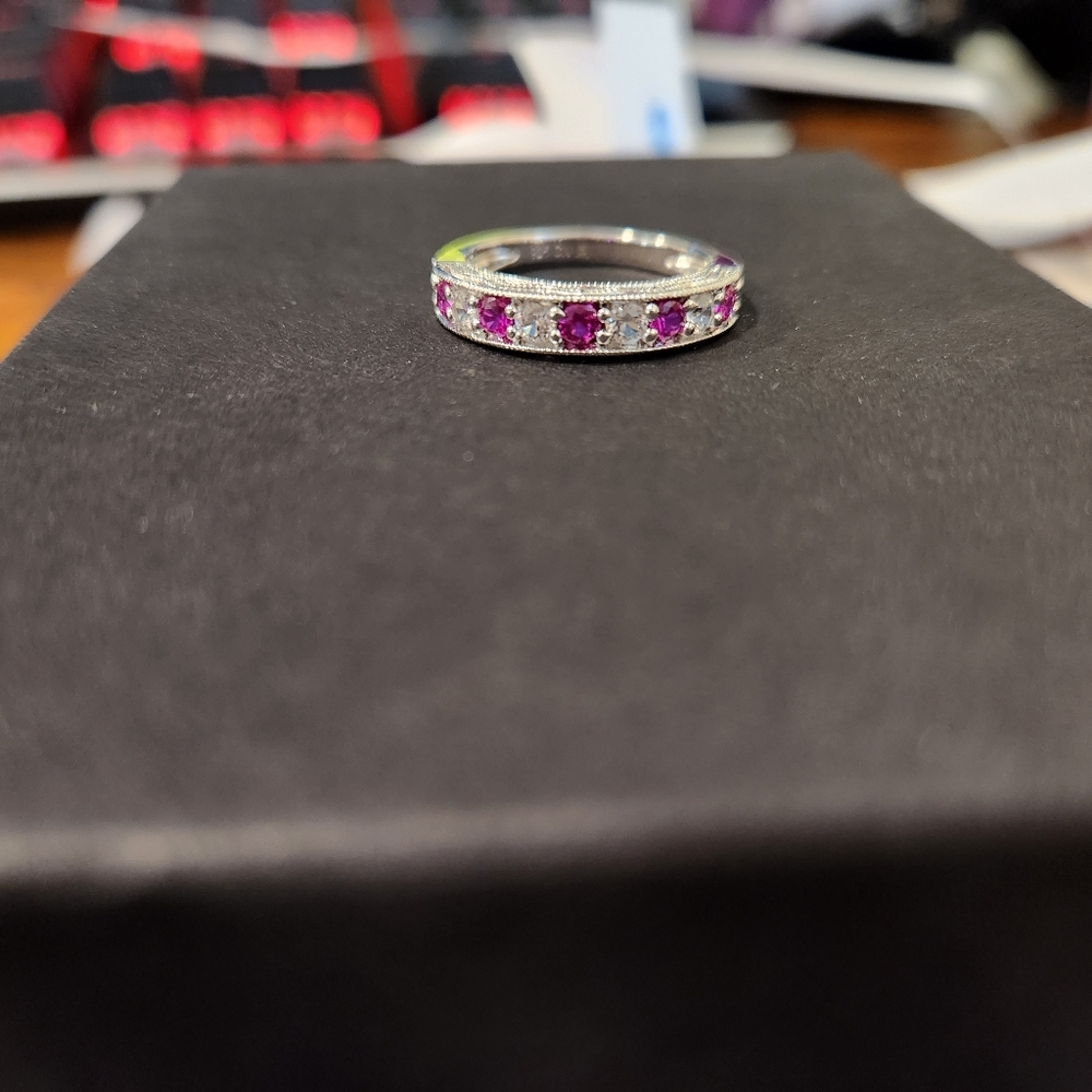 Lab created ruby &white sapphire vintage style stackable band sterling silver